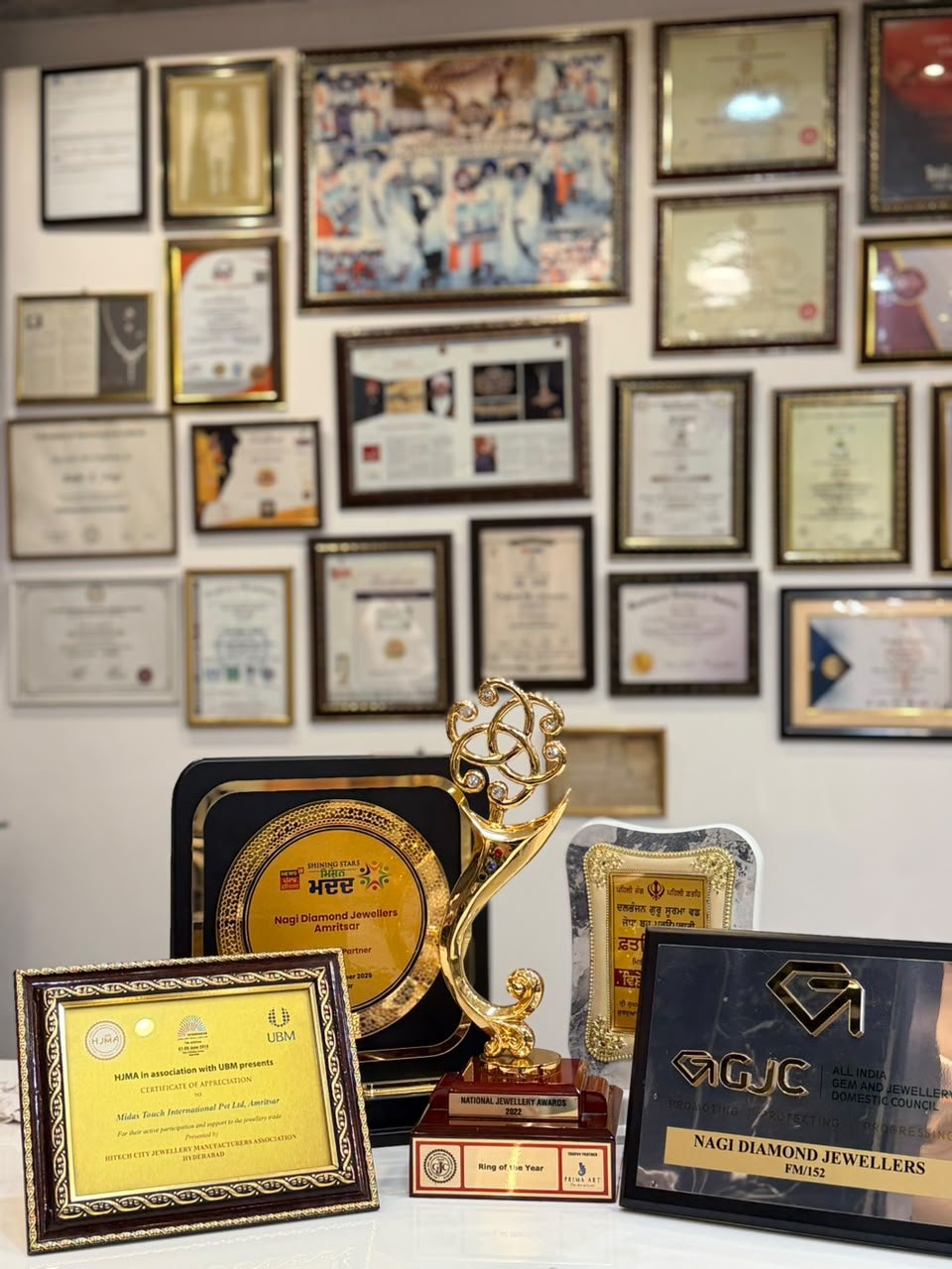 Award trophies and plaques received by Nagi Diamond Jewellers