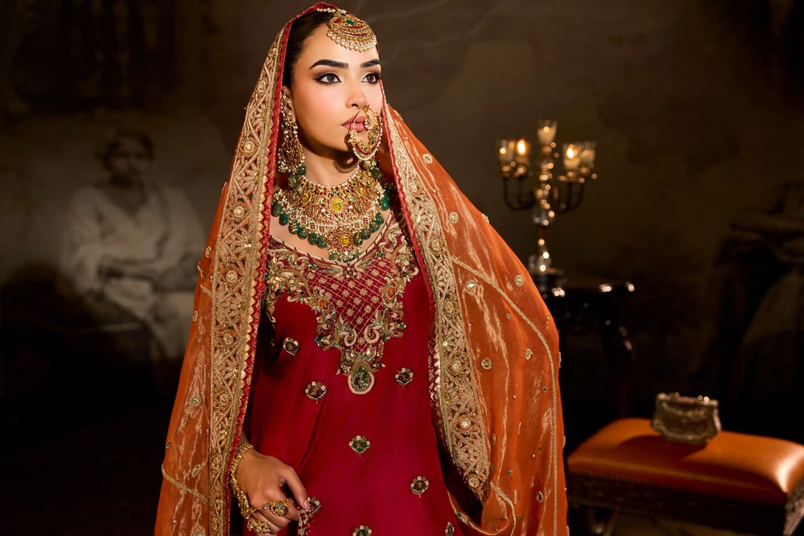 Layered kundan necklace under a saffron dupatta